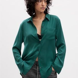 Green satin button down blouse